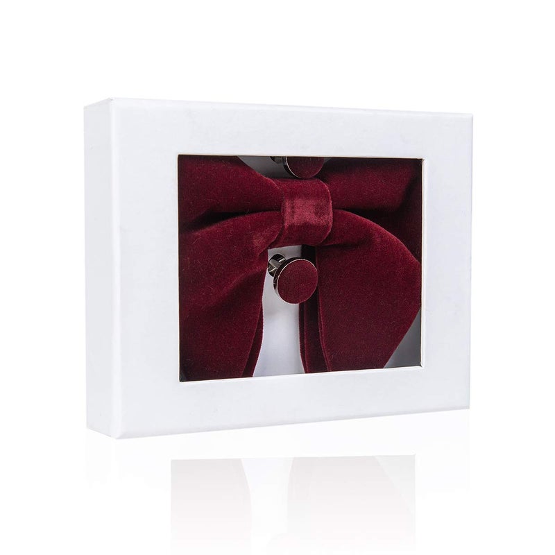 GUSLESON Mens Wedding Bow Tie and Pocket Square Cufflink Sets Velvet Pre-tied Burgundy Wine Bow Ties (0571-14) - Image 4